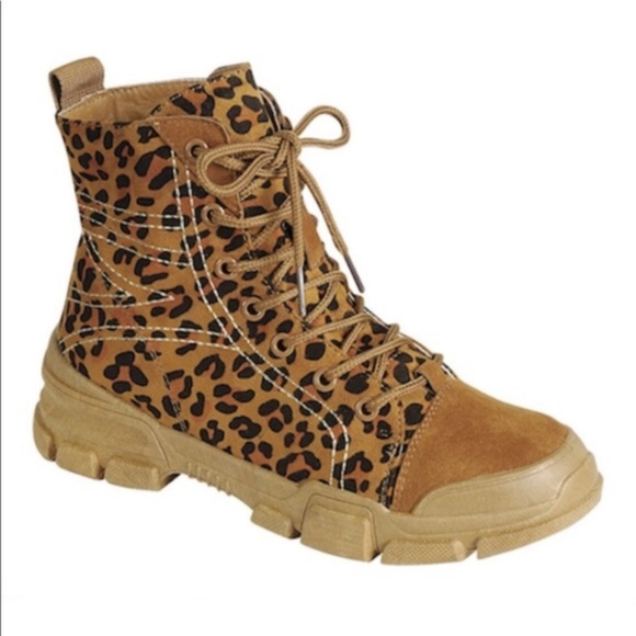 Canvas & Faux Suede Combat Boots in Leopard - Picture 2 of 8